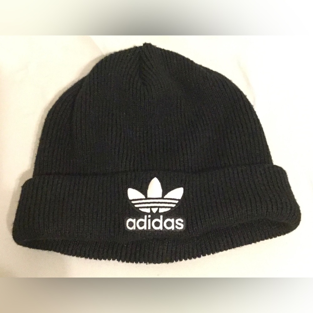 ADIDAS Black 3 Leaf Logo Stretch Knit Hat Toboggan Beanie
